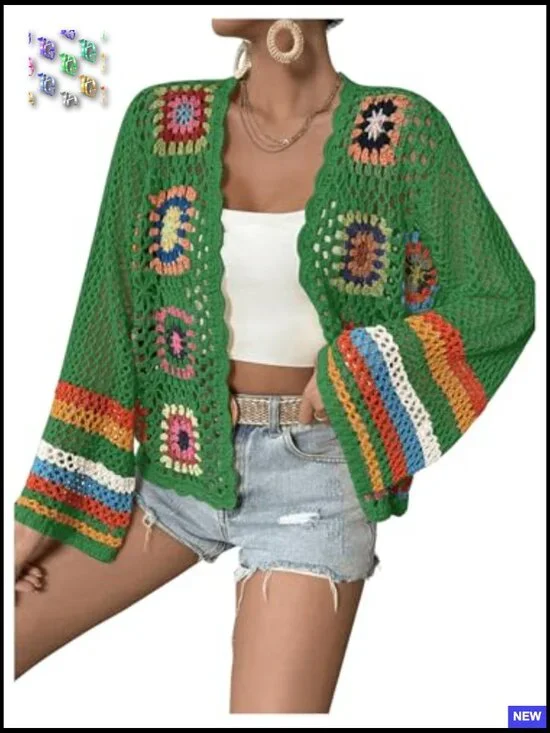 Floral Crochet Cardigan Open Front Long Sleeve Loose Boho Chic Sweater - Picture 6 of 6